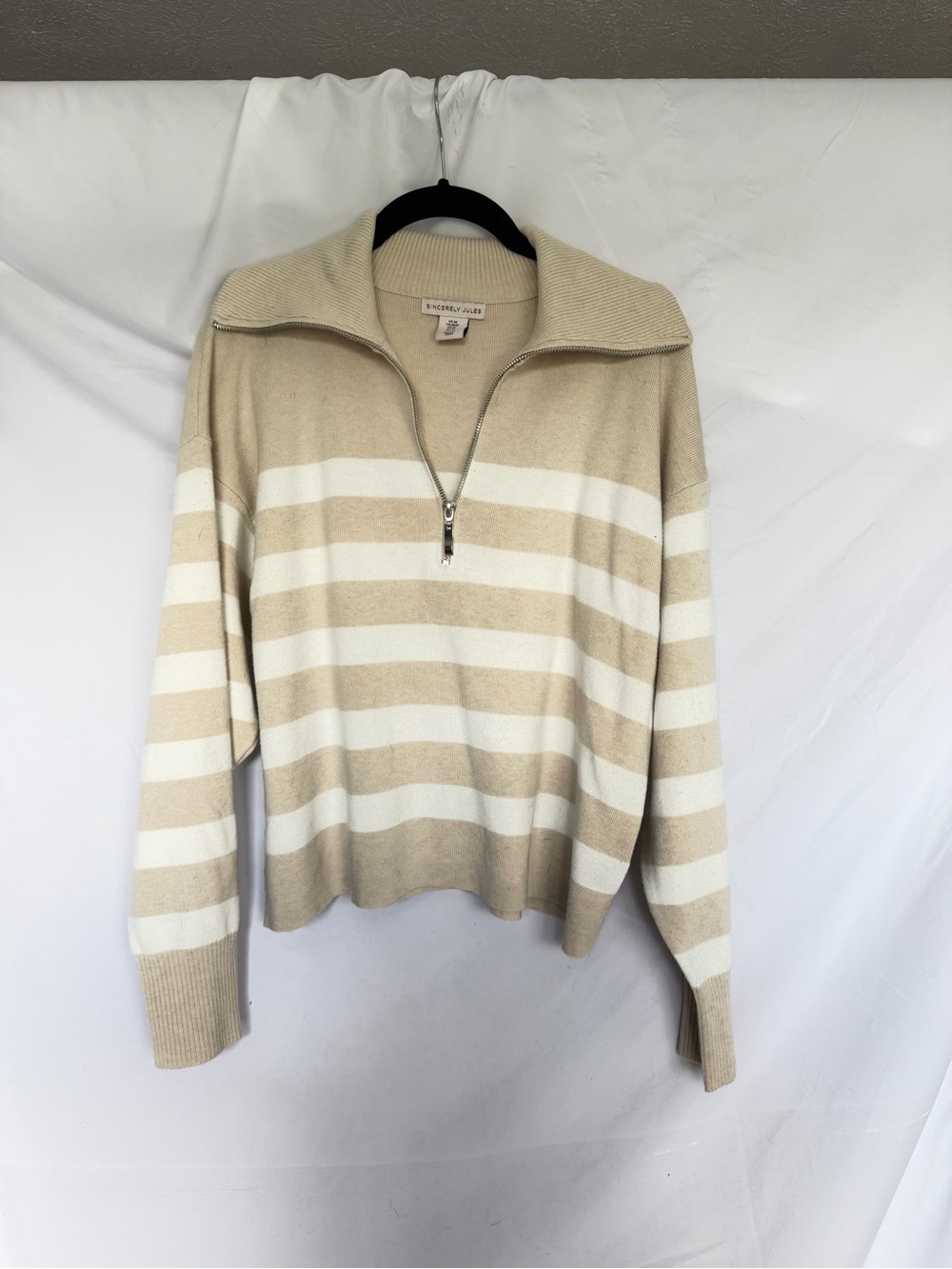 Sincerely Jules Beige & White Striped Half-Zip Sweater